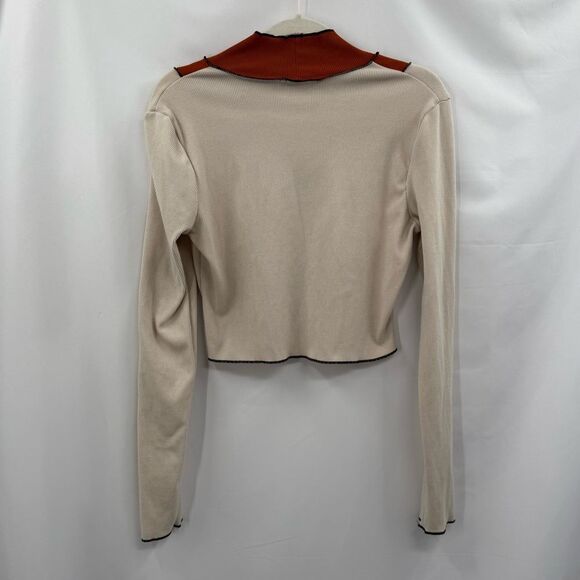 Cider Cropped Ribbed Colorblock Mock Neck Long Sleeve in Cream/Rust/Black | XL - Picture 3 of 6